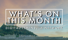 What's On This Month Digital Peninsula Network website banner, St Michaels Mount Cornish background. Online digital skills training for small businesses